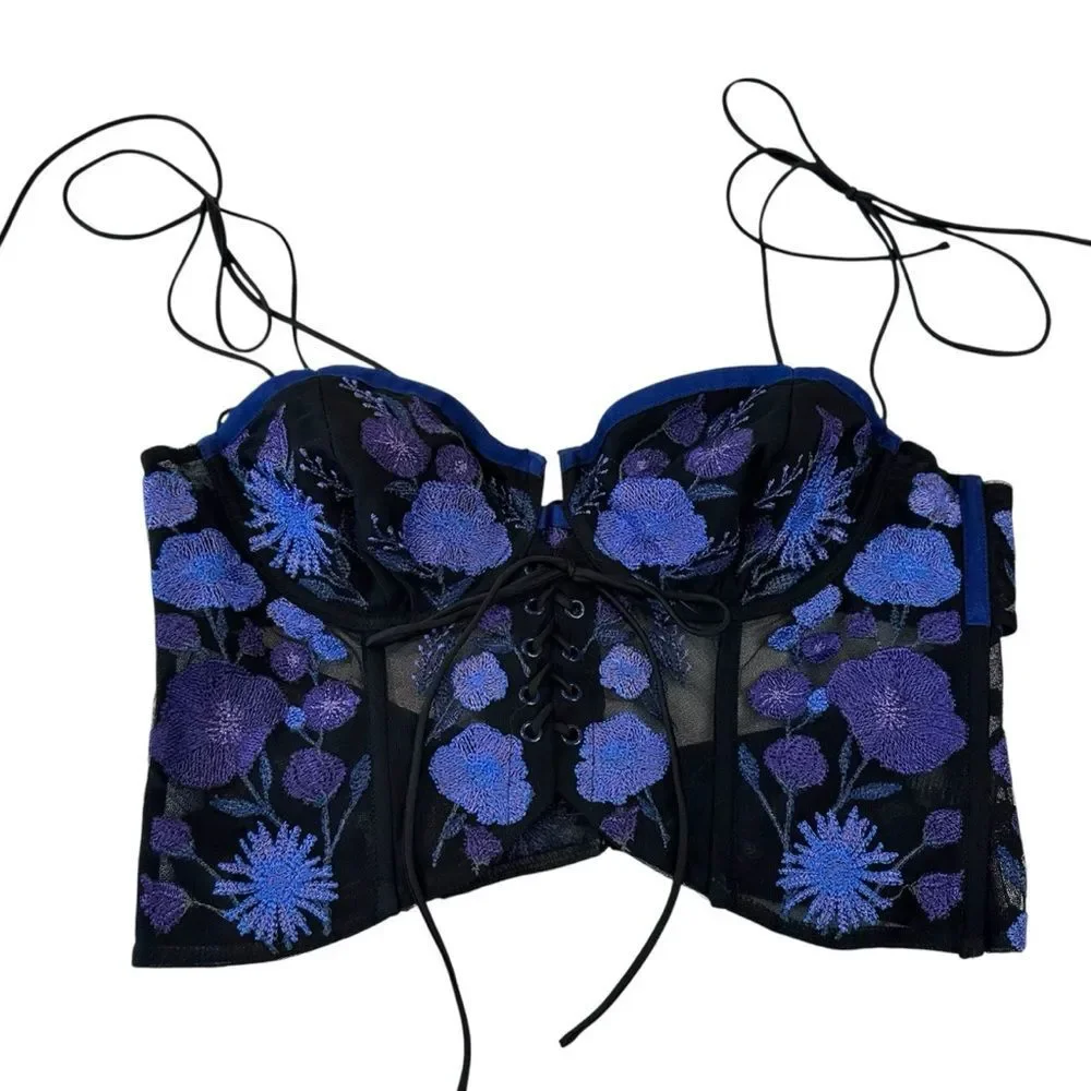 For Love And Lemons Kaylee Crop Top Black and Blue Floral Corset Bra, M - Picture 2 of 11